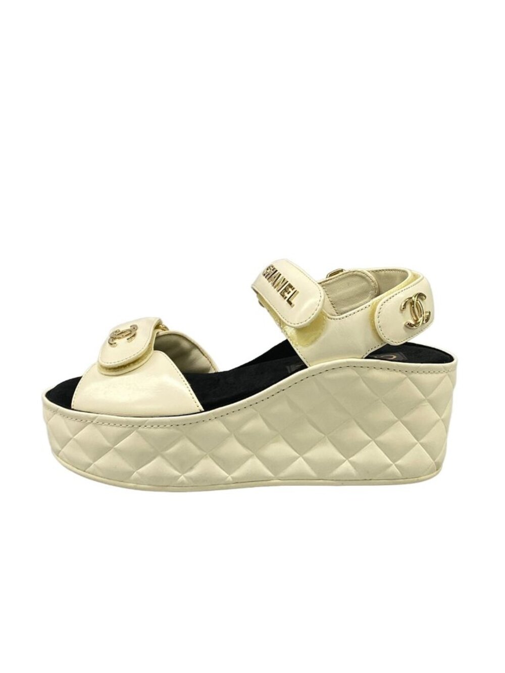 Chanel Sandals 35 C Ivory CC Logo Wedge Sole